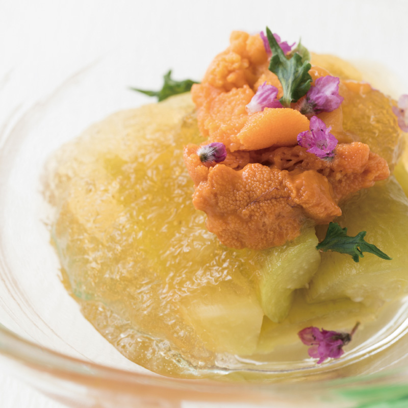 焼きナス旨出しゼリーかけうにのせ